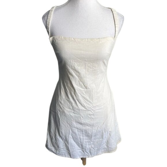 Isalis Cotton square neck Cream Strappy back side pockets mini Dress -size M - Picture 2 of 9